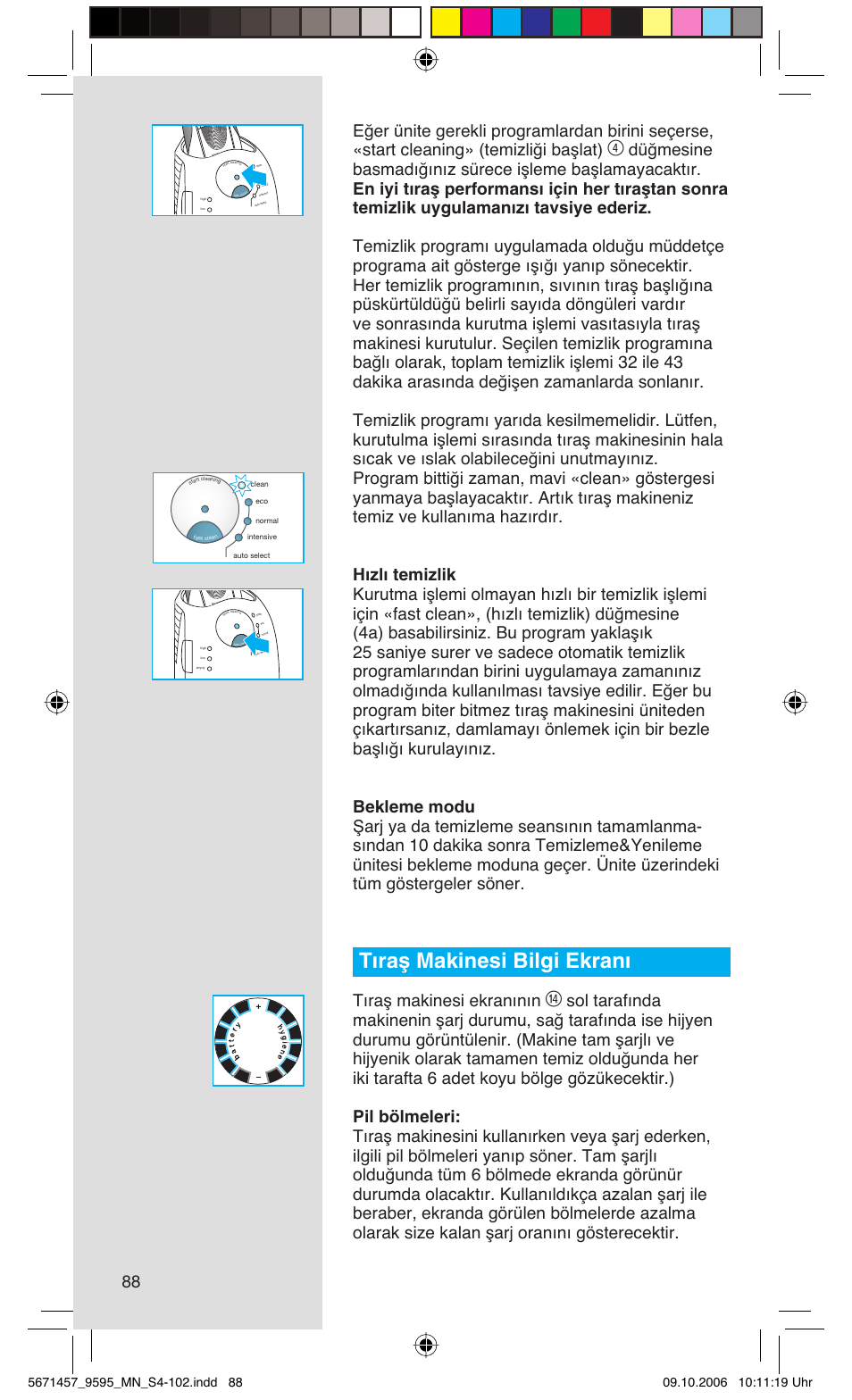 Tıraş makinesi bilgi ekranı, Tıraş makinesi ekranının | Braun 9595 Pulsonic User Manual | Page 88 / 101