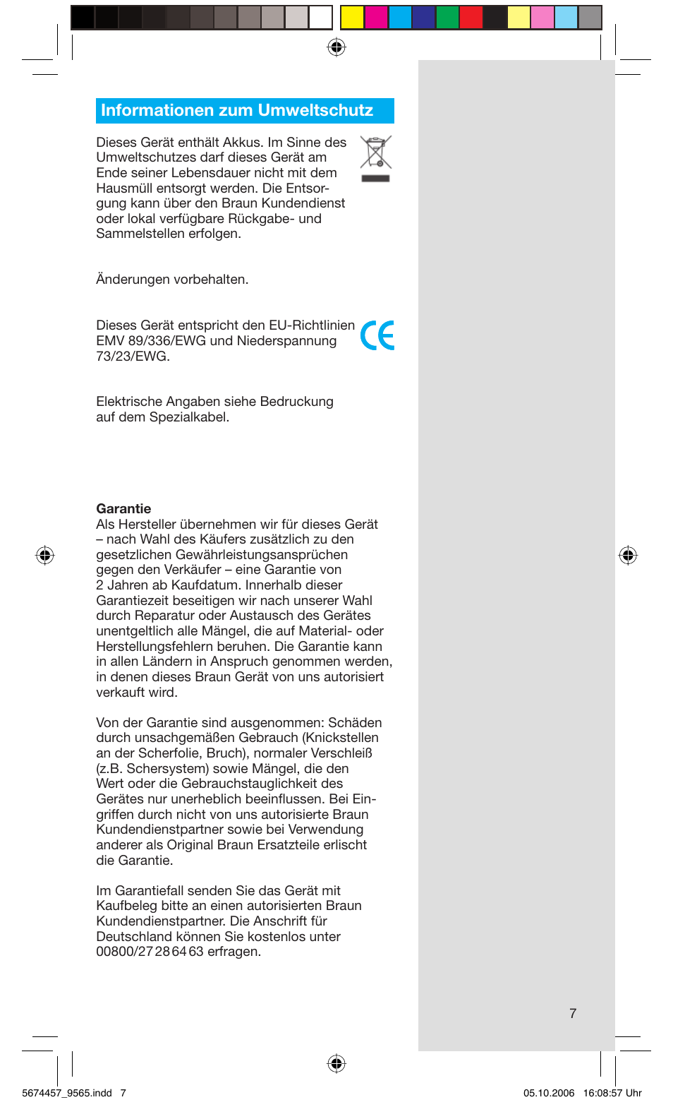 Informationen zum umweltschutz | Braun 9565 Pulsonic User Manual | Page 7 / 59