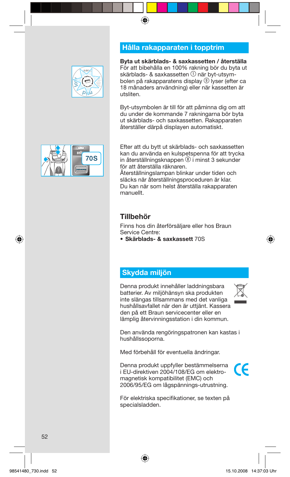 Hålla rakapparaten i topptrim, Tillbehör, Skydda miljön | Braun 720 Series 7 User Manual | Page 52 / 68