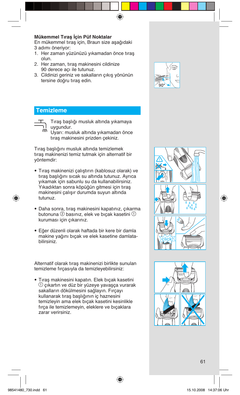 Temizleme, Basınız, elek ve bıçak kasetini, Click | Braun 720 Series 7 User Manual | Page 61 / 68