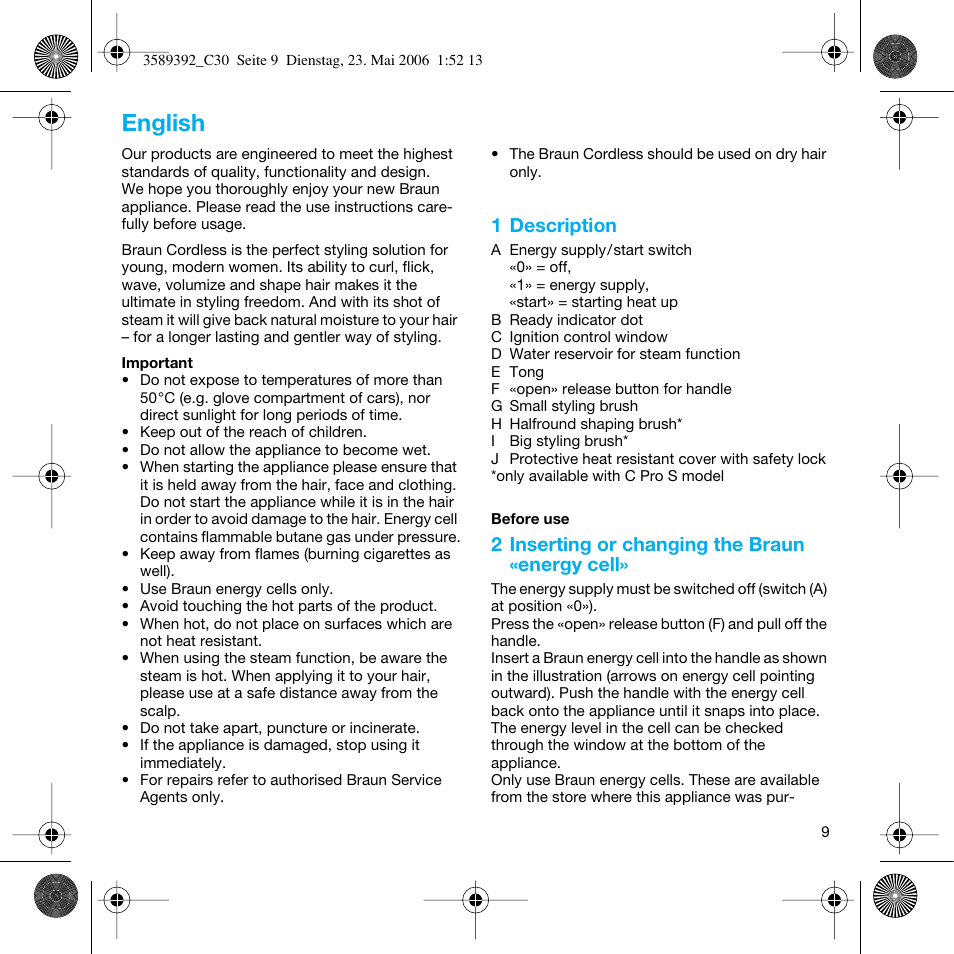 English | Braun C30S Cordless Styler User Manual | Page 8 / 53