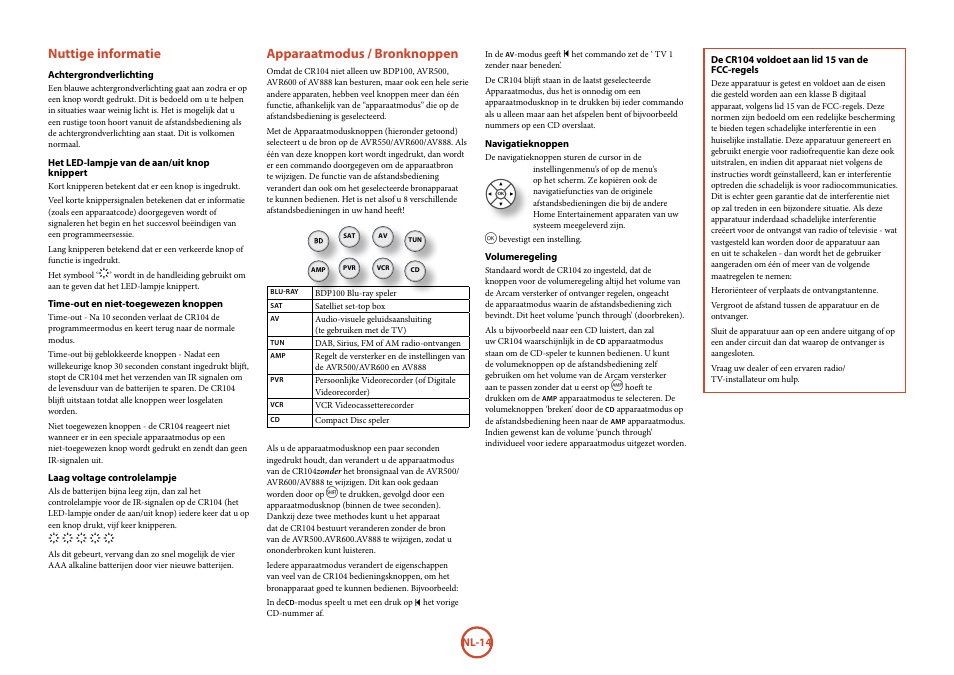 Nuttige informatie, Apparaatmodus / bronknoppen | Arcam FMJ BDP100 User Manual | Page 120 / 148