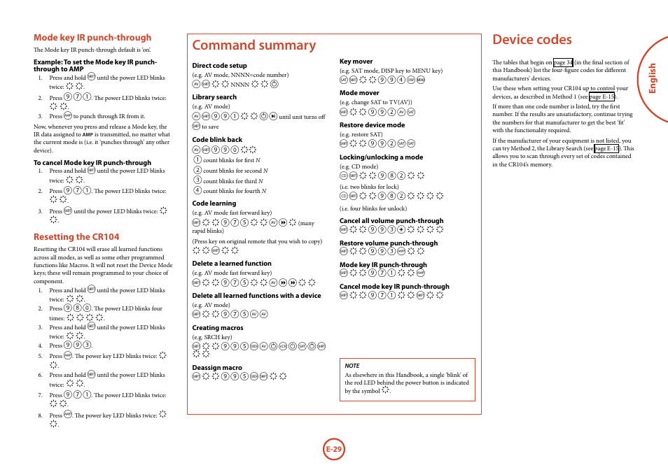 Device codes, Command summary, English | Mode key ir punch-through, Resetting the cr104 | Arcam FMJ BDP100 User Manual | Page 31 / 148