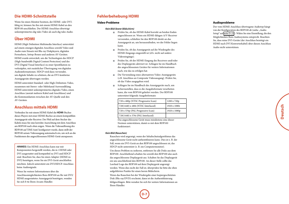 Seite d-7, Deutsch, Die hdmi-schnittstelle | Über hdmi, Anschluss mittels hdmi, Fehlerbehebung hdmi | Arcam FMJ BDP100 User Manual | Page 79 / 148