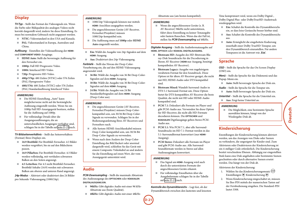 Seite d-21, Deutsch, Display | Audio, Sprache, Kindersicherung | Arcam FMJ BDP100 User Manual | Page 93 / 148