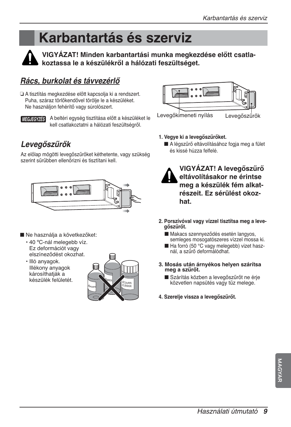 Karbantartás és szerviz, Rács, burkolat és távvezérlő, Levegőszűrők | Használati útmutató 9 | LG ARNU12GBHA2 User Manual | Page 105 / 193