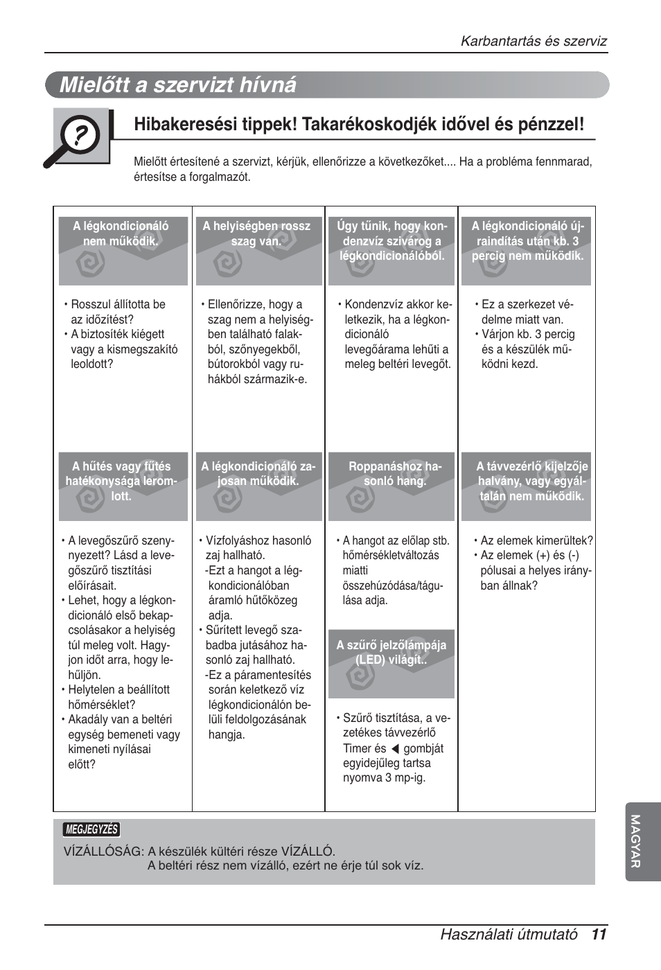 Mielőtt a szervizt hívná, Használati útmutató 11 | LG ARNU12GBHA2 User Manual | Page 107 / 193
