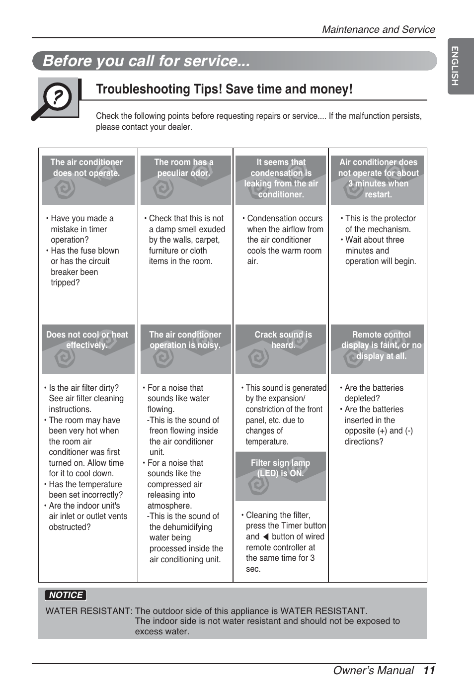 Before you call for service, Troubleshooting tips! save time and money, Owner’s manual 11 | LG ARNU12GBHA2 User Manual | Page 11 / 193