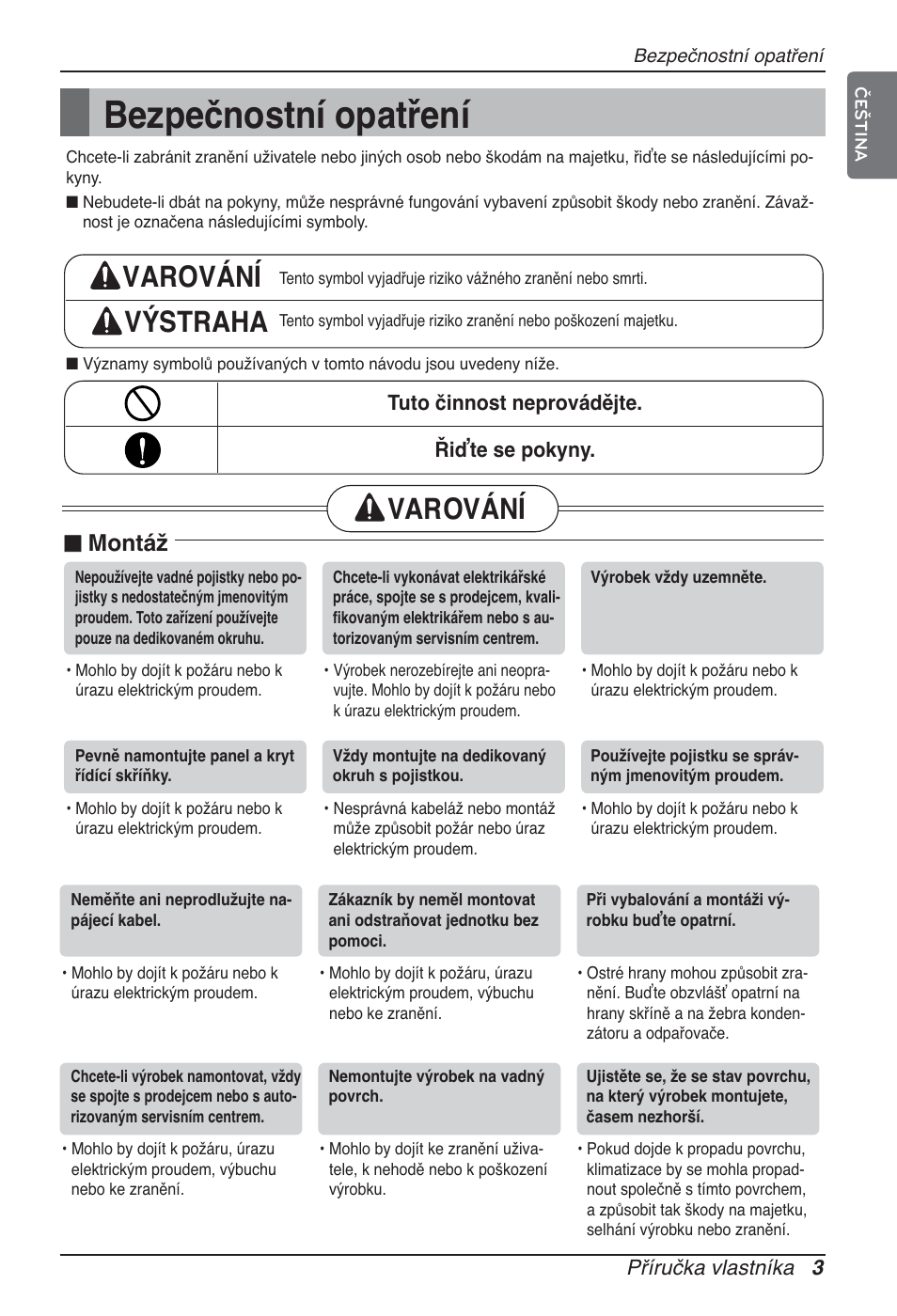 Bezpečnostní opatření, Varování výstraha, Varování | Montáž | LG ARNU12GBHA2 User Manual | Page 111 / 193