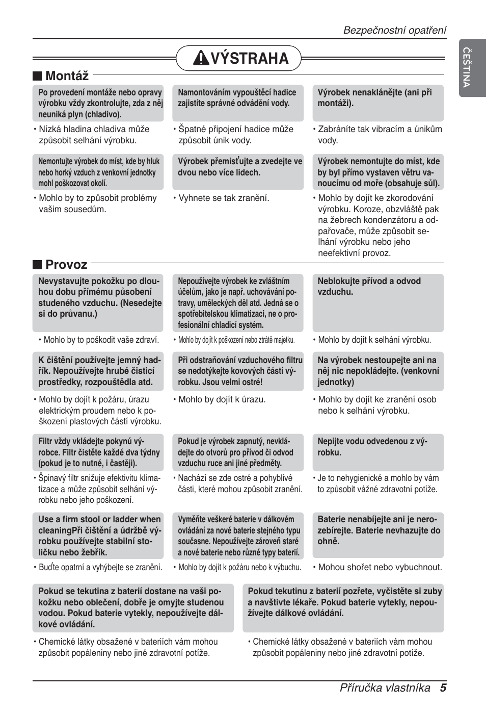 Výstraha, Montáž, Provoz | Příručka vlastníka 5 | LG ARNU12GBHA2 User Manual | Page 113 / 193