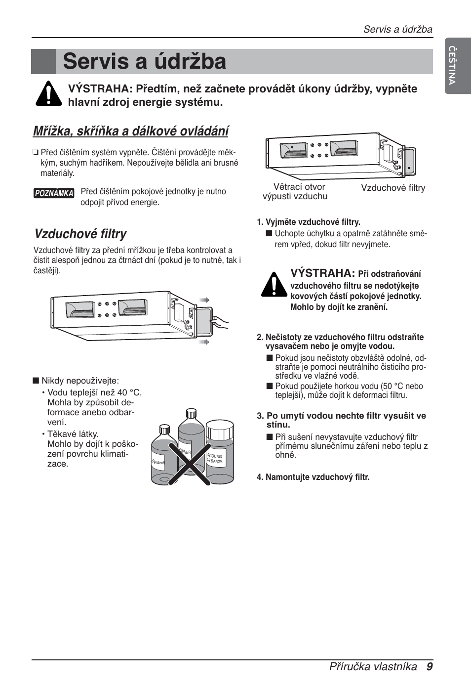 Servis a údržba, Mřížka, skříňka a dálkové ovládání, Vzduchové filtry | Příručka vlastníka 9, Výstraha | LG ARNU12GBHA2 User Manual | Page 117 / 193