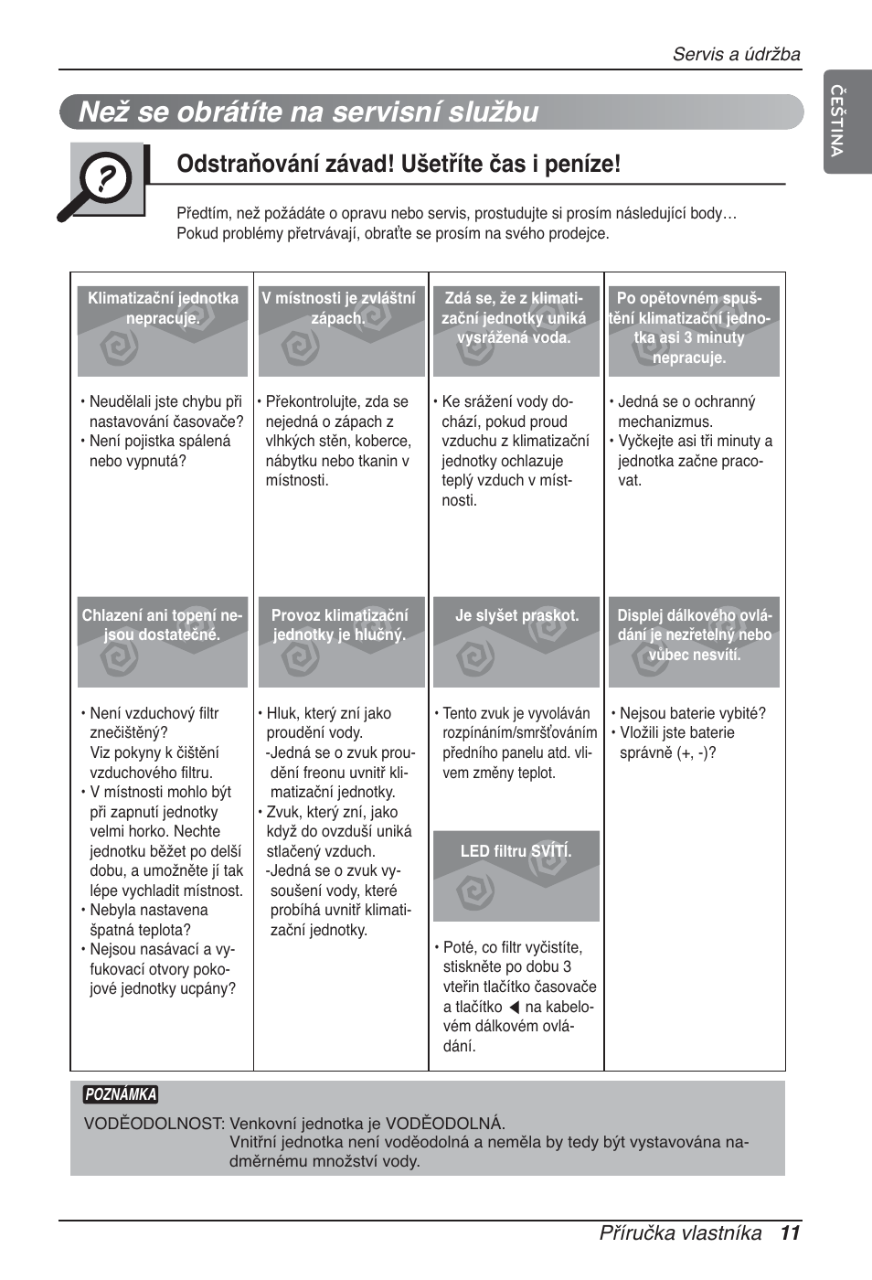 Než se obrátíte na servisní službu, Odstraňování závad! ušetříte čas i peníze, Příručka vlastníka 11 | LG ARNU12GBHA2 User Manual | Page 119 / 193