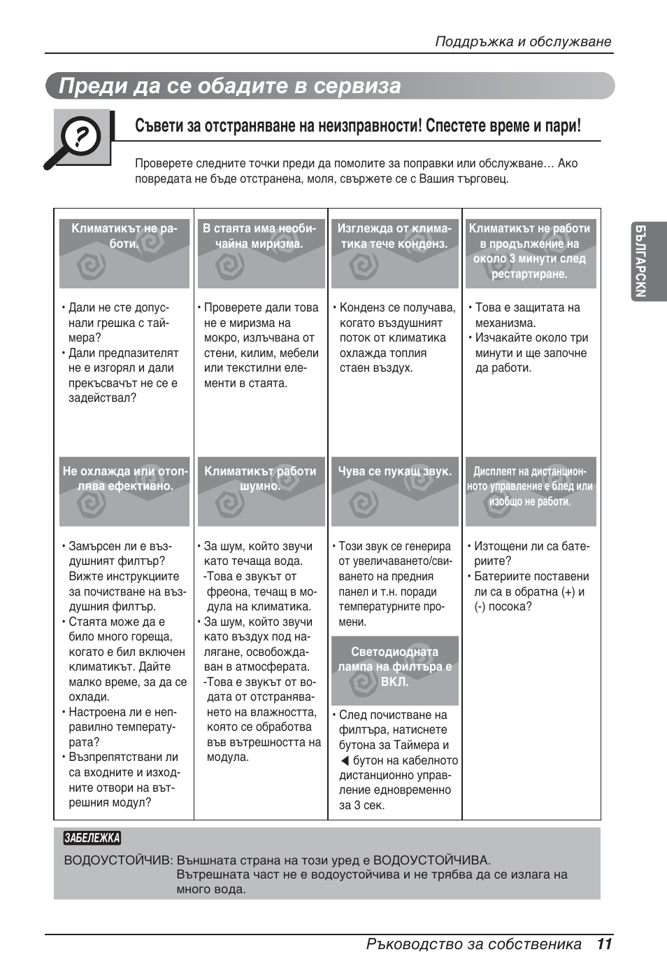 Преди да се обадите в сервиза, Ръководство за собственика 11 | LG ARNU12GBHA2 User Manual | Page 143 / 193