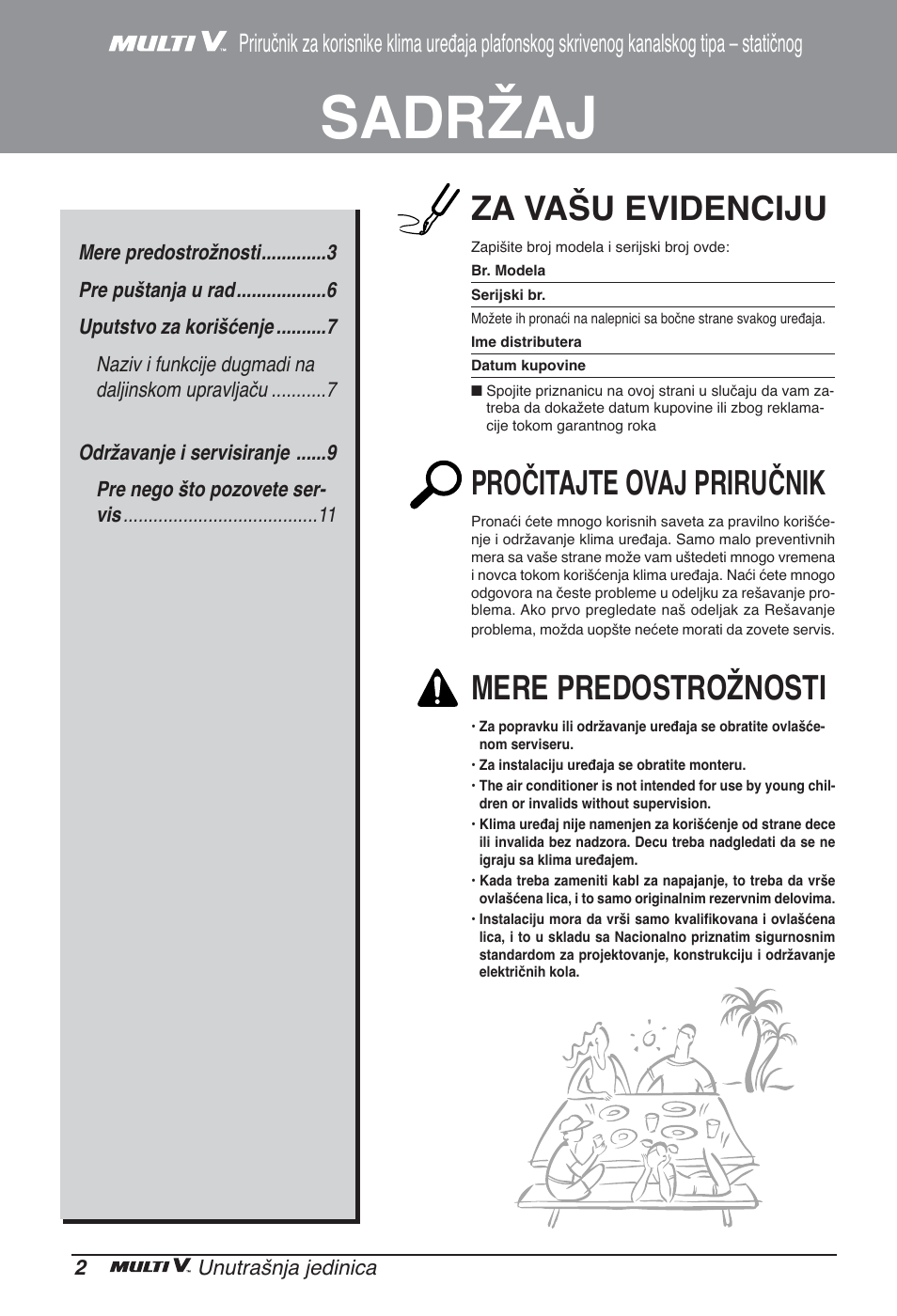 Sadržaj, Za vašu evidenciju, Pročitajte ovaj priručnik | Mere predostrožnosti | LG ARNU12GBHA2 User Manual | Page 146 / 193