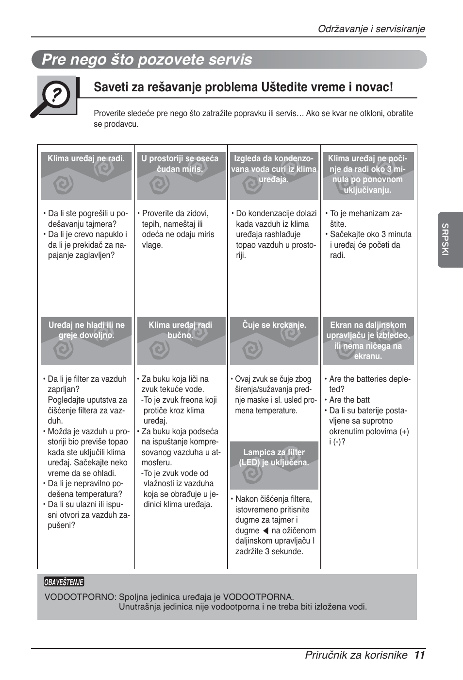 Pre nego što pozovete servis, Priručnik za korisnike 11 | LG ARNU12GBHA2 User Manual | Page 155 / 193