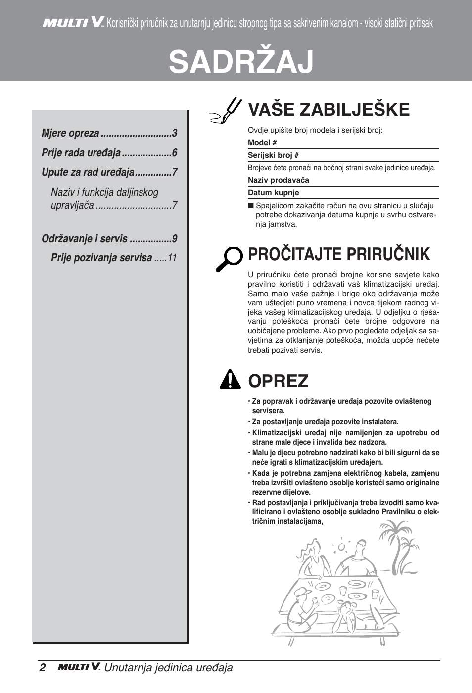 Sadržaj, Vaše zabilješke, Pročitajte priručnik | Oprez | LG ARNU12GBHA2 User Manual | Page 158 / 193