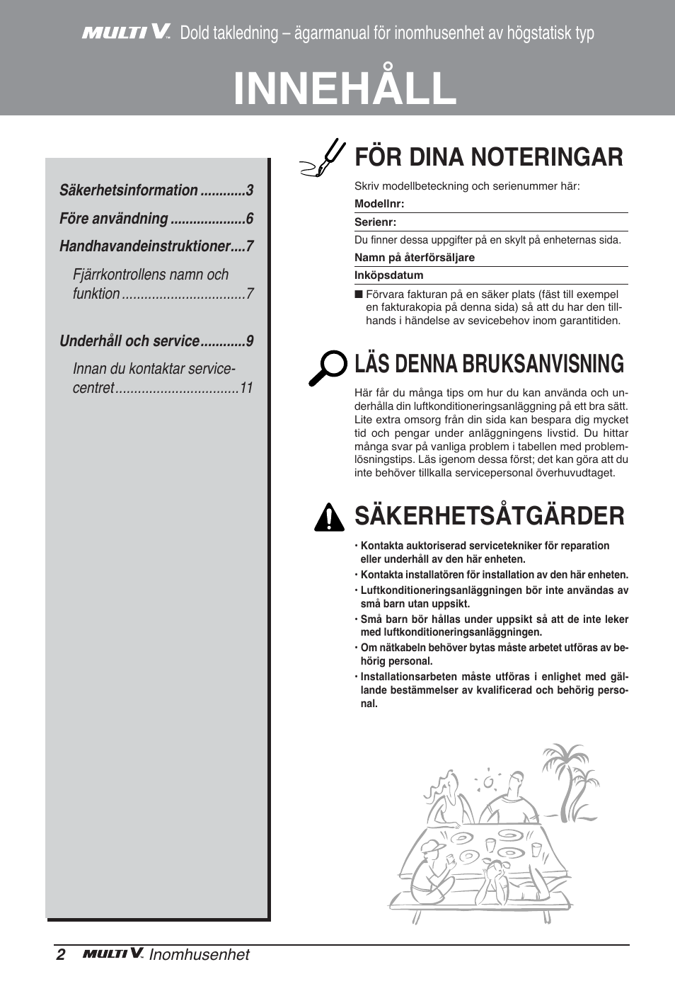 Innehåll, Läs denna bruksanvisning, Säkerhetsåtgärder | LG ARNU12GBHA2 User Manual | Page 170 / 193