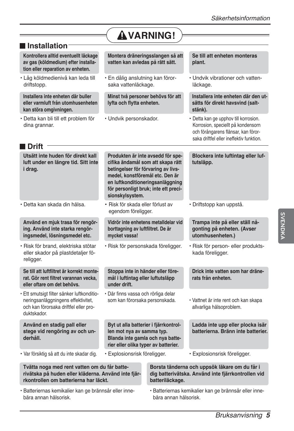 Varning, Installation, Drift | Bruksanvisning 5 | LG ARNU12GBHA2 User Manual | Page 173 / 193