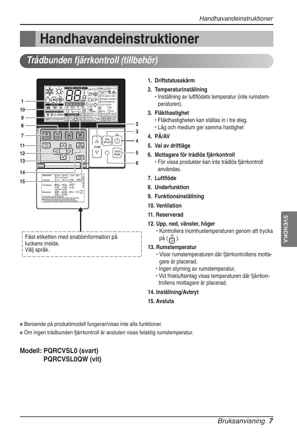 Handhavandeinstruktioner, Trådbunden fjärrkontroll (tillbehör) | LG ARNU12GBHA2 User Manual | Page 175 / 193