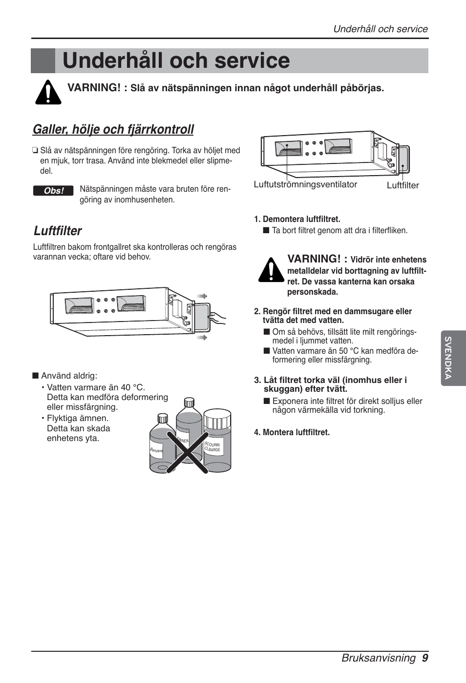 Underhåll och service, Galler, hölje och fjärrkontroll, Luftfilter | Bruksanvisning 9, Varning | LG ARNU12GBHA2 User Manual | Page 177 / 193