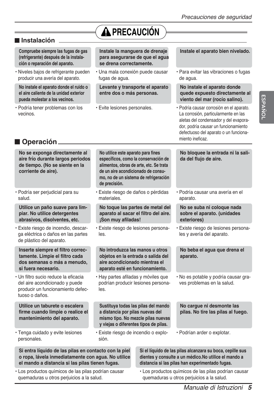 Precaución, Operación, Manuale di istruzioni 5 | Instalación | LG ARNU12GBHA2 User Manual | Page 29 / 193