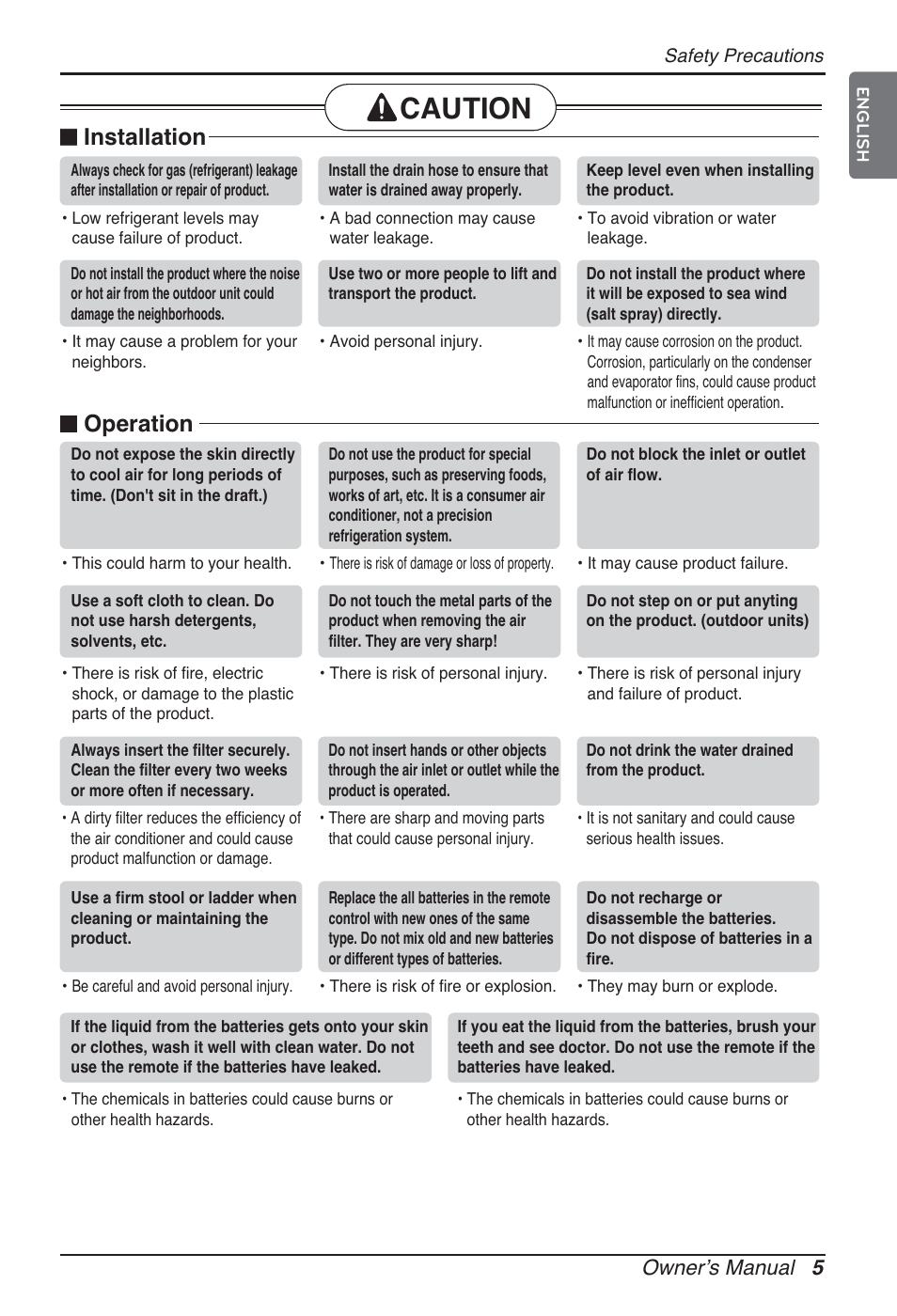 Caution, Installation, Operation | Owner’s manual 5 | LG ARNU12GBHA2 User Manual | Page 5 / 193