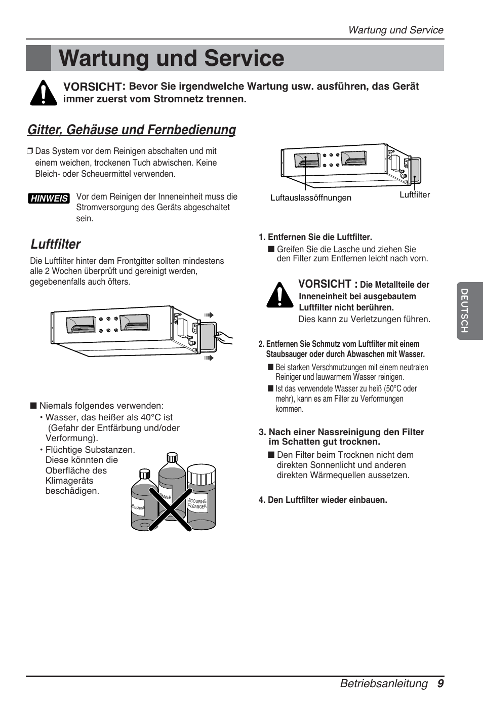 Wartung und service, Luftfilter, Gitter, gehäuse und fernbedienung | Betriebsanleitung 9, Vorsicht | LG ARNU12GBHA2 User Manual | Page 57 / 193