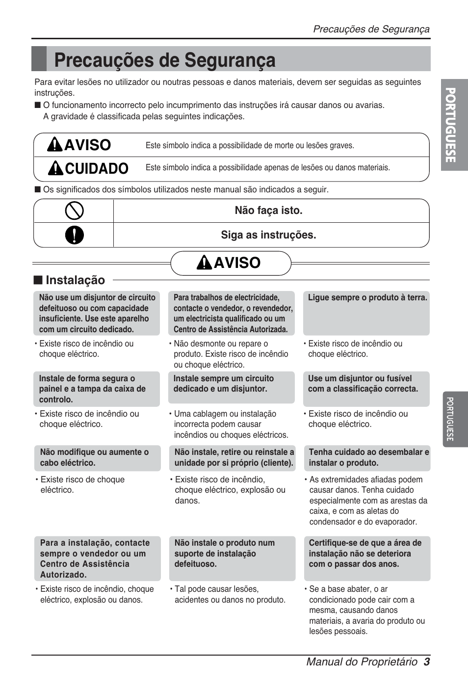 Precauções de segurança, Aviso cuidado, Aviso | Portuguese, Instalação | LG ARNU12GBHA2 User Manual | Page 63 / 193