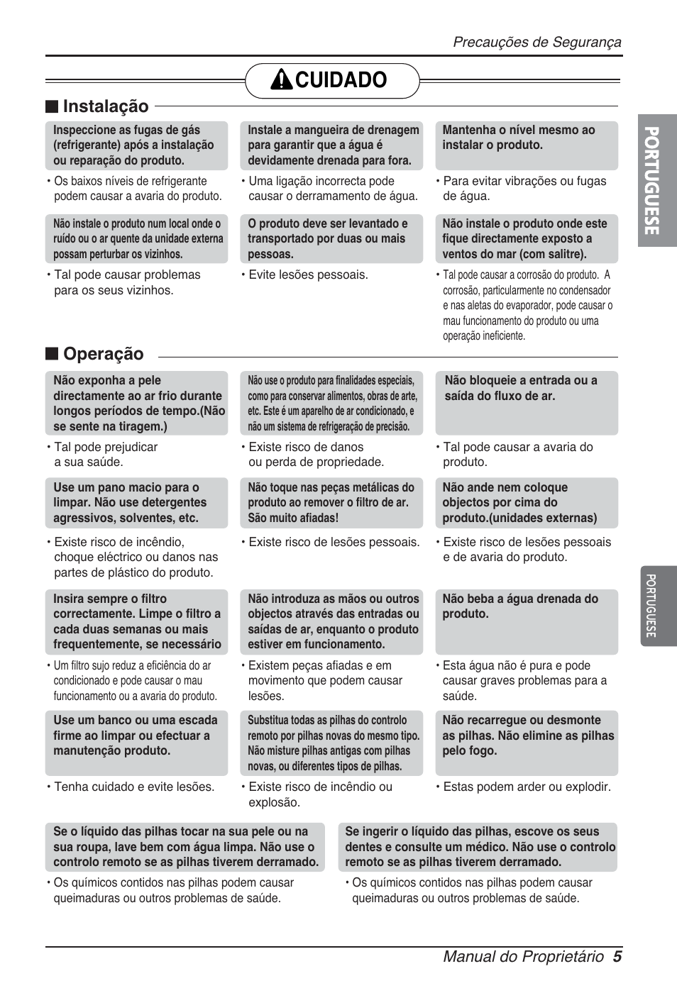 Cuidado, Portuguese, Instalação | Operação, Manual do proprietário 5 | LG ARNU12GBHA2 User Manual | Page 65 / 193
