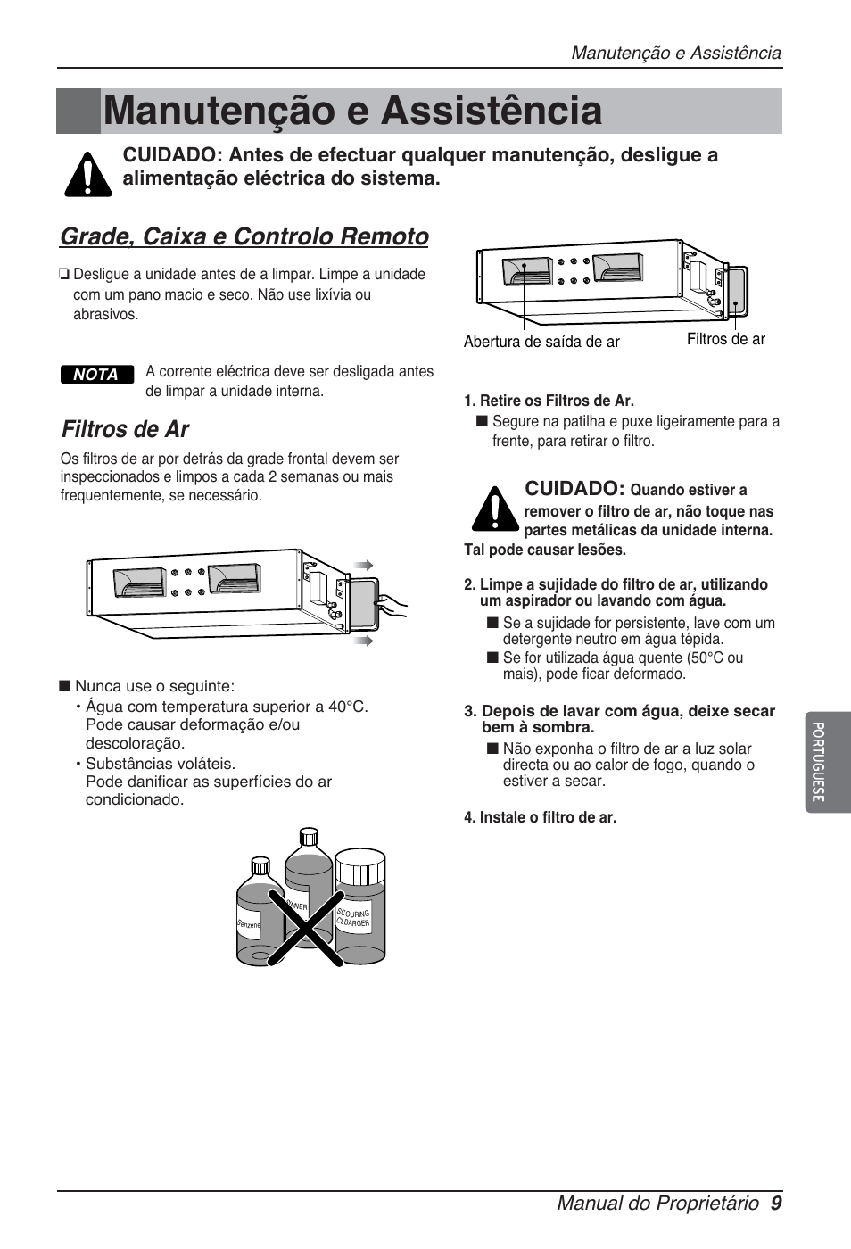 Manutenção e assistência, Grade, caixa e controlo remoto, Filtros de ar | Manual do proprietário 9, Cuidado | LG ARNU12GBHA2 User Manual | Page 69 / 193