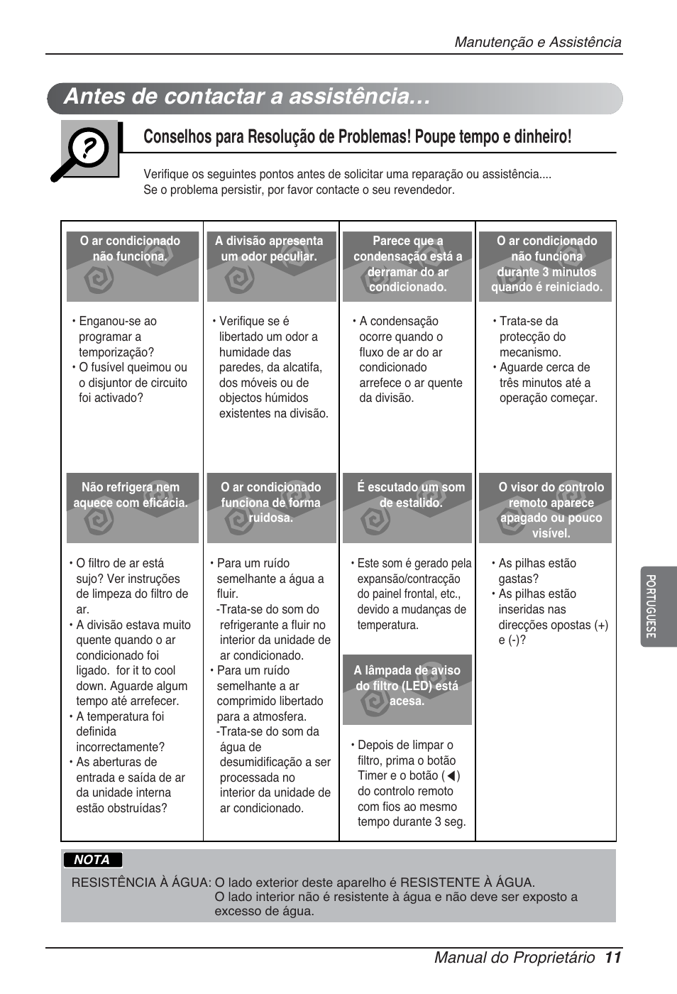 Antes de contactar a assistência, Manual do proprietário 11 | LG ARNU12GBHA2 User Manual | Page 71 / 193
