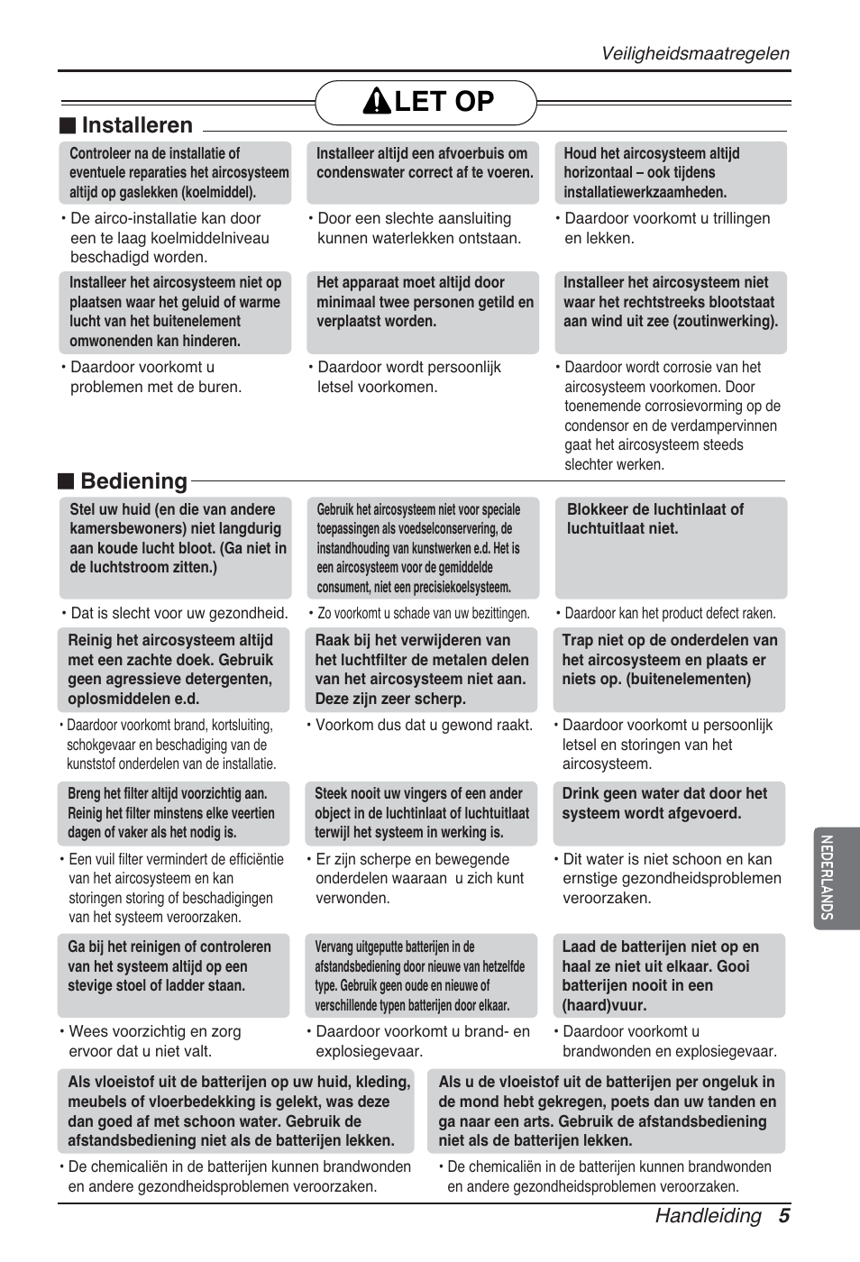 Let op, Installeren, Bediening | Handleiding 5 | LG ARNU12GBHA2 User Manual | Page 77 / 193