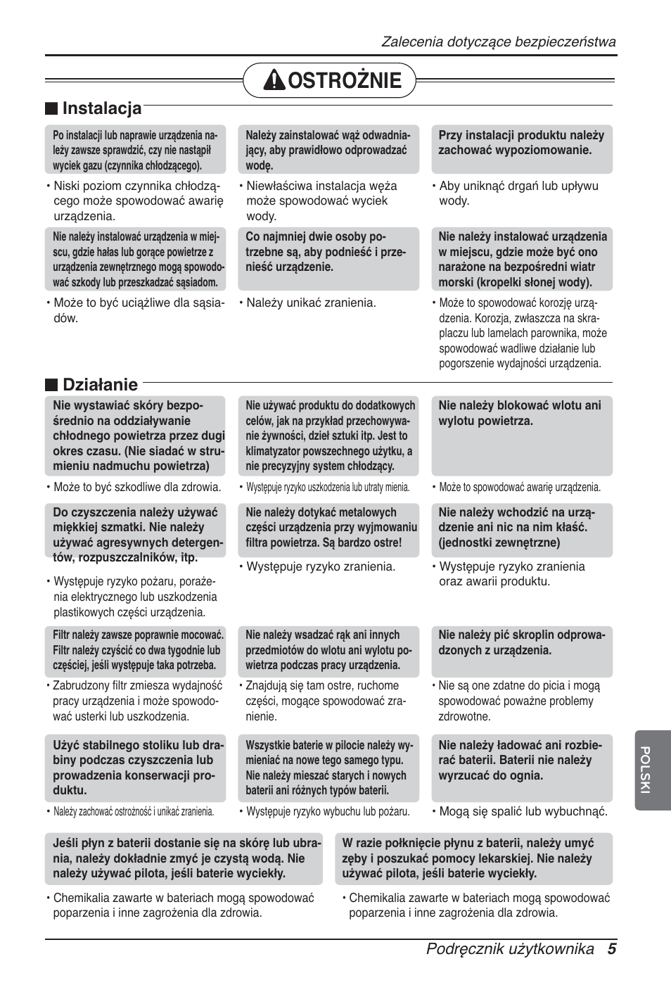 Ostrożnie, Instalacja, Działanie | Podręcznik użytkownika 5 | LG ARNU12GBHA2 User Manual | Page 89 / 193