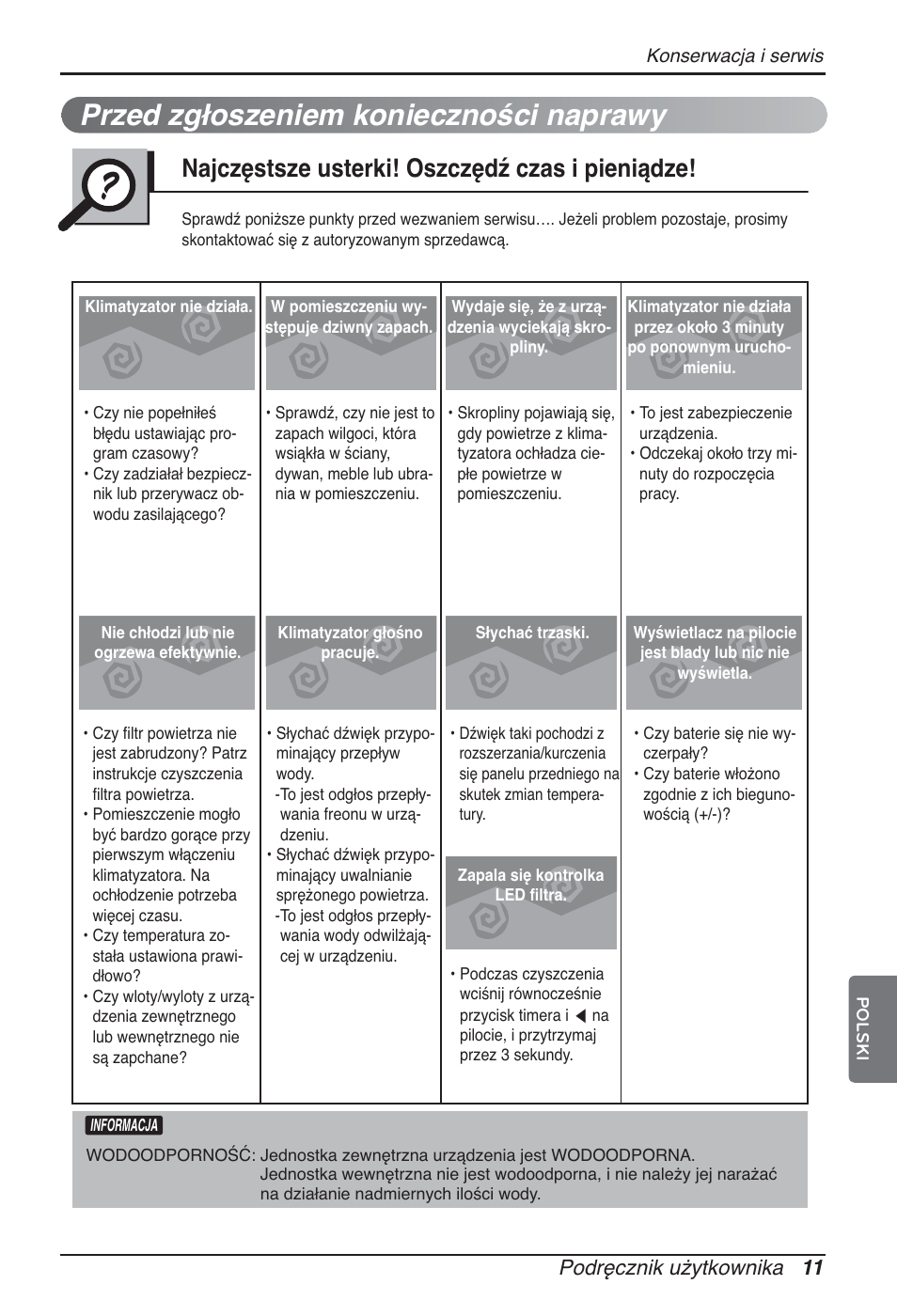 Przed zgłoszeniem konieczności naprawy, Najczęstsze usterki! oszczędź czas i pieniądze, Podręcznik użytkownika 11 | LG ARNU12GBHA2 User Manual | Page 95 / 193