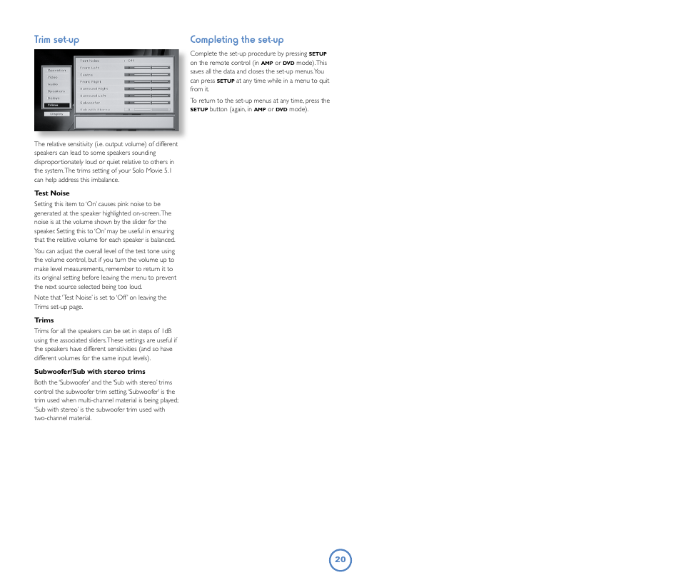 Trim set-up, Completing the set-up | Arcam Solo Movie 5.1 User Manual | Page 20 / 30