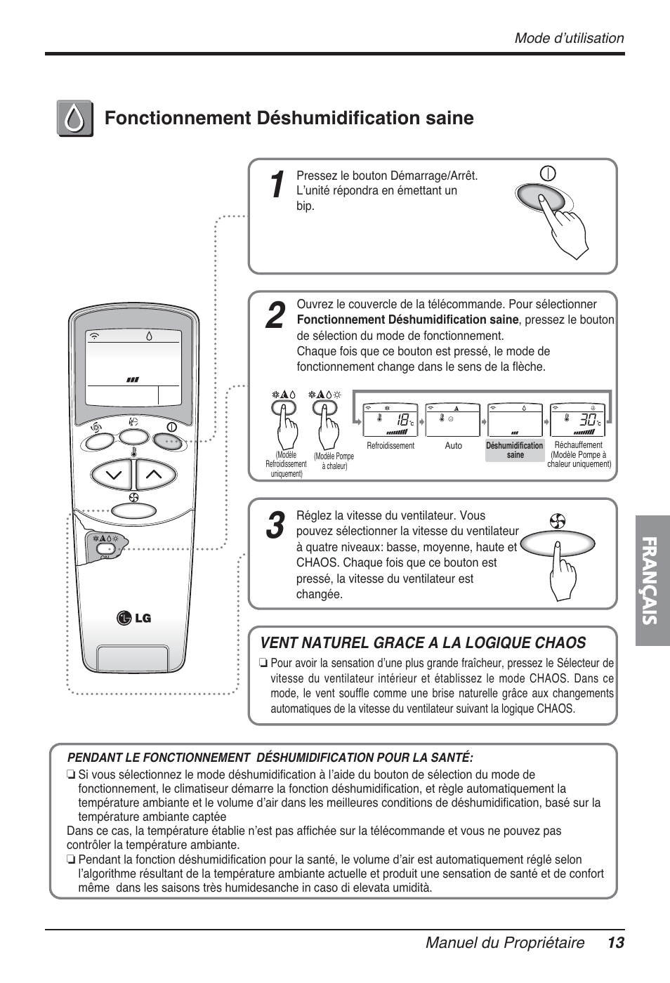 Français, Fonctionnement déshumidification saine | LG FM15AH-UL3 User Manual | Page 103 / 147