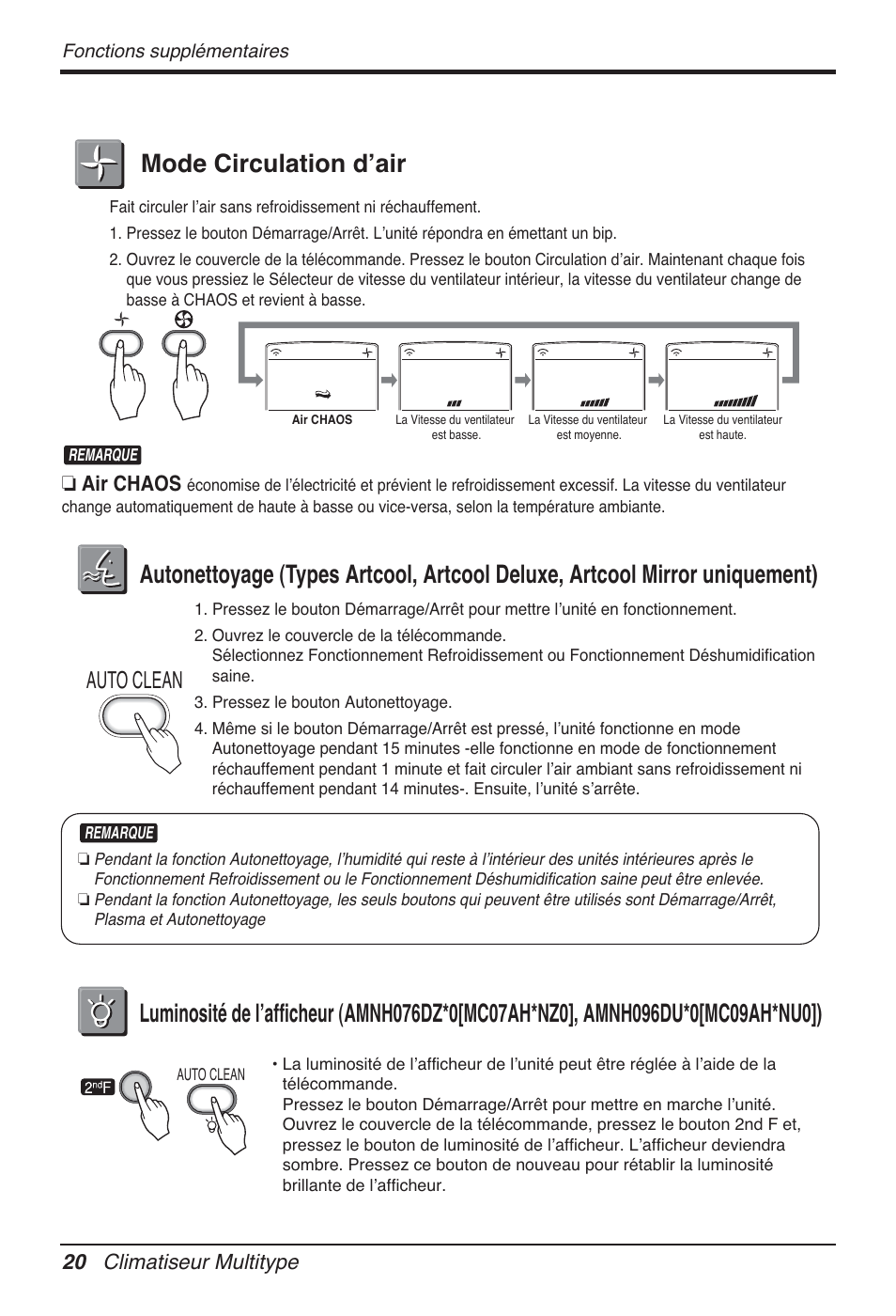 Mode circulation dʼair, Auto clean, 20 climatiseur multitype | O air chaos | LG FM15AH-UL3 User Manual | Page 110 / 147