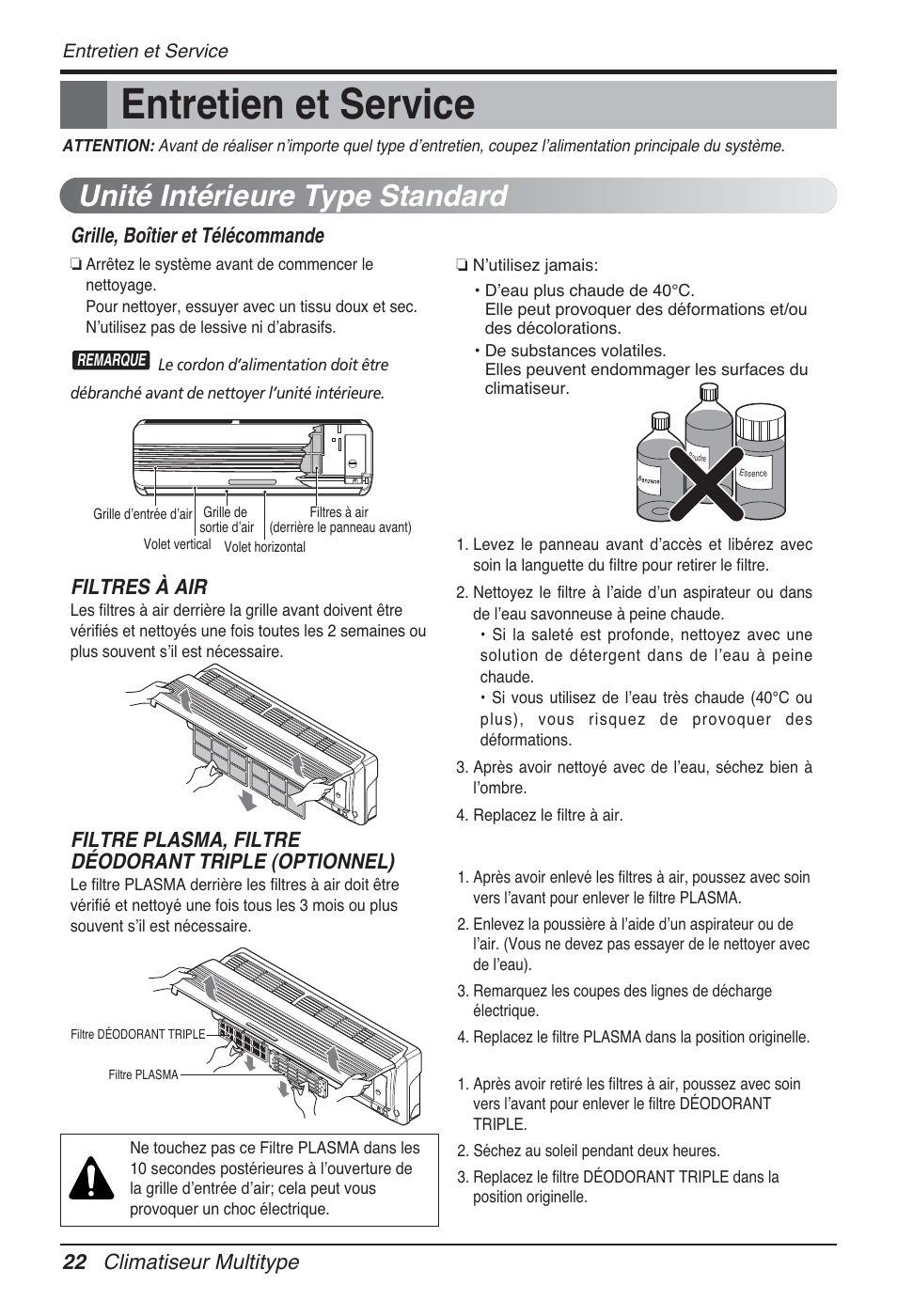 Entretien et service, Unité intérieure type standard, 22 climatiseur multitype | Grille, boîtier et télécommande, Filtres à air, Filtre plasma, filtre déodorant triple (optionnel) | LG FM15AH-UL3 User Manual | Page 112 / 147
