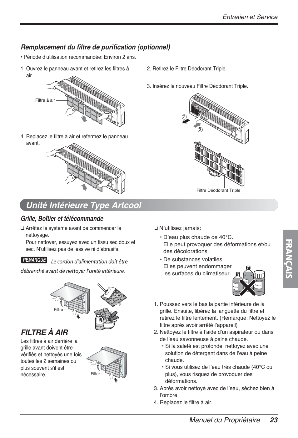 Français, Unité intérieure type artcool, Filtre à air | Manuel du propriétaire 23, Grille, boîtier et télécommande, Remplacement du filtre de purification (optionnel) | LG FM15AH-UL3 User Manual | Page 113 / 147