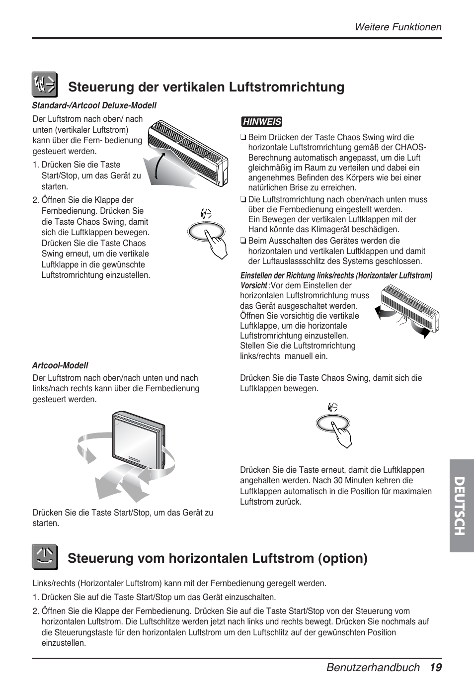 Deutsch, Steuerung der vertikalen luftstromrichtung, Steuerung vom horizontalen luftstrom (option) | Benutzerhandbuch 19 | LG FM15AH-UL3 User Manual | Page 137 / 147