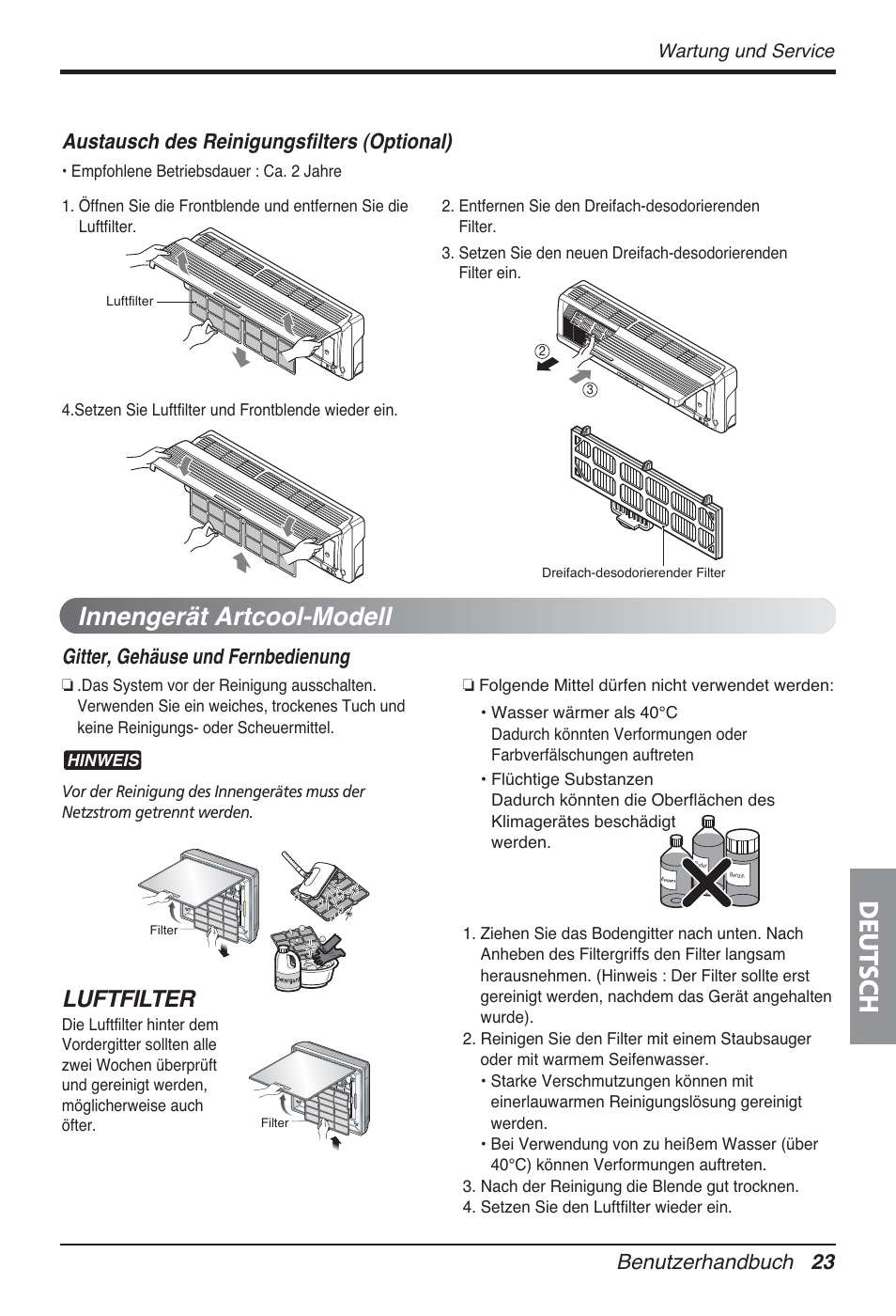 Deutsch, Innengerät artcool-modell, Luftfilter | Benutzerhandbuch 23, Gitter, gehäuse und fernbedienung, Austausch des reinigungsfilters (optional) | LG FM15AH-UL3 User Manual | Page 141 / 147