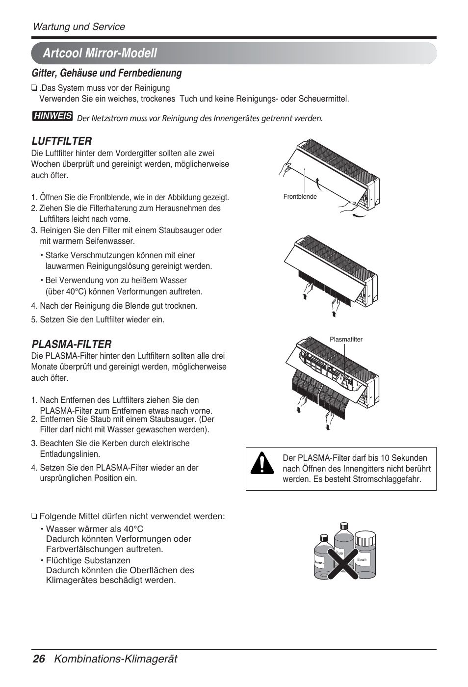 Artcool mirror-modell, 26 kombinations-klimagerät, Gitter, gehäuse und fernbedienung | Luftfilter, Plasma-filter | LG FM15AH-UL3 User Manual | Page 144 / 147