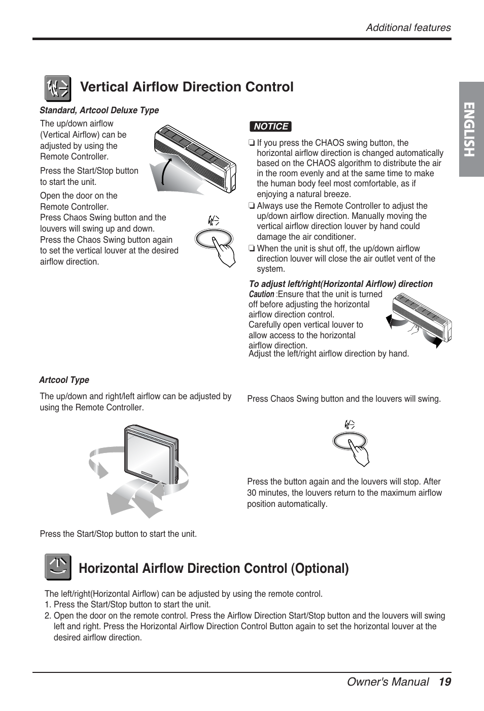 English, Vertical airflow direction control, Horizontal airflow direction control (optional) | Owner's manual 19 | LG FM15AH-UL3 User Manual | Page 19 / 147