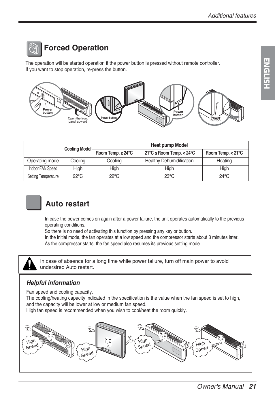 English, Forced operation auto restart, Owner's manual 21 | Helpful information, Additional features | LG FM15AH-UL3 User Manual | Page 21 / 147