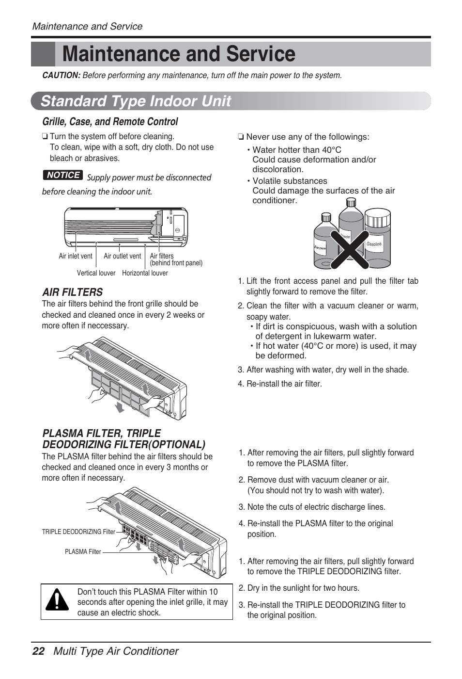 Maintenance and service, Standard type indoor unit, 22 multi type air conditioner | Grille, case, and remote control, Air filters, Plasma filter, triple deodorizing filter(optional) | LG FM15AH-UL3 User Manual | Page 22 / 147