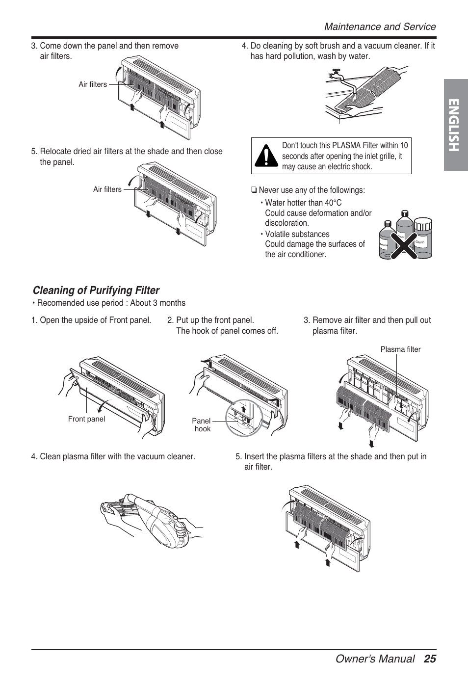 English, Owner's manual 25, Cleaning of purifying filter | Maintenance and service | LG FM15AH-UL3 User Manual | Page 25 / 147