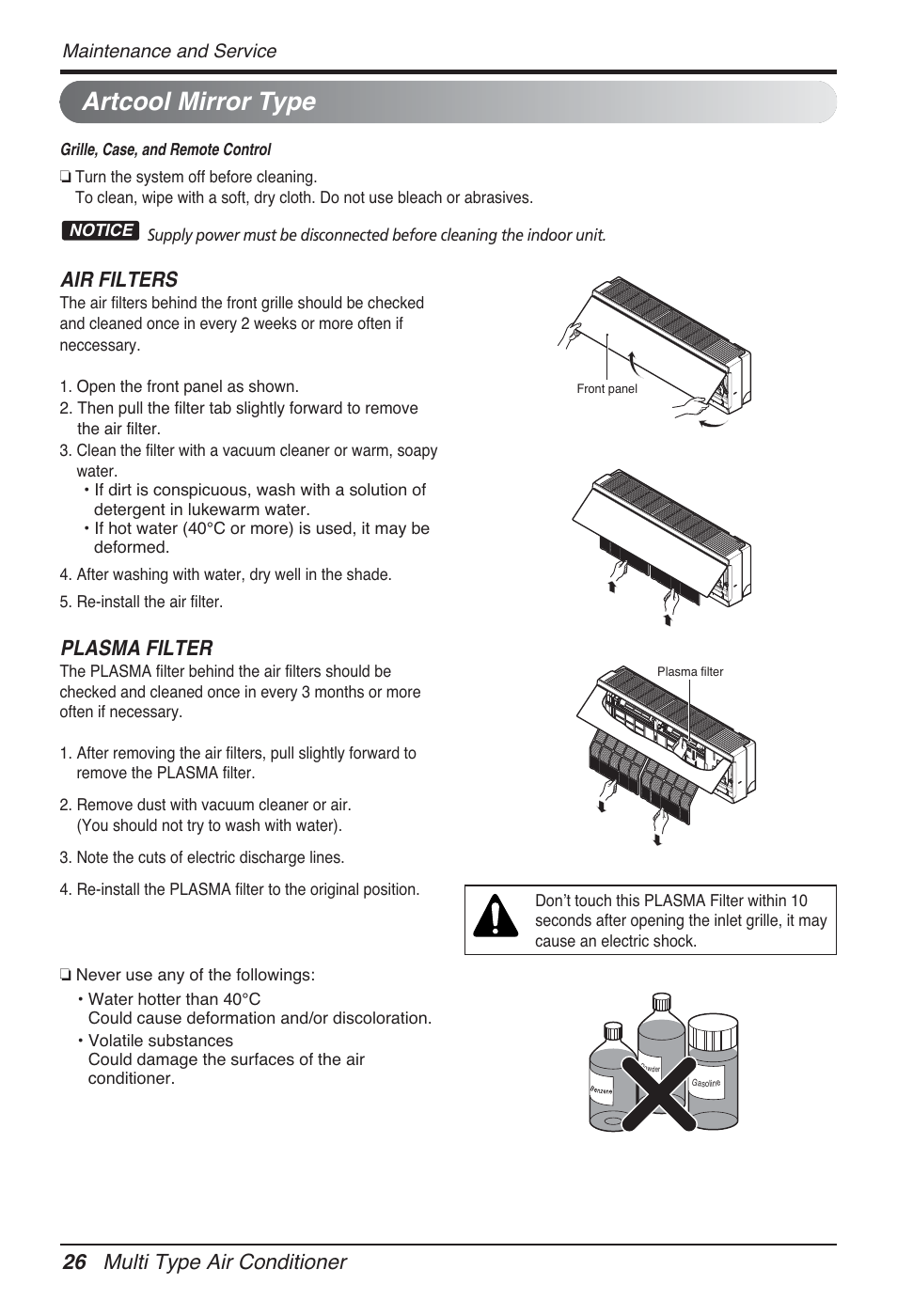 Artcool mirror type, 26 multi type air conditioner, Air filters | Plasma filter | LG FM15AH-UL3 User Manual | Page 26 / 147