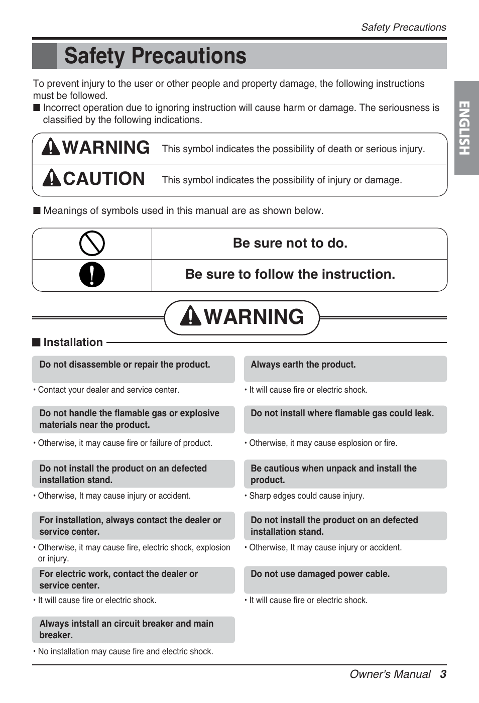Safety precautions, Warning, Warning caution | English | LG FM15AH-UL3 User Manual | Page 3 / 147
