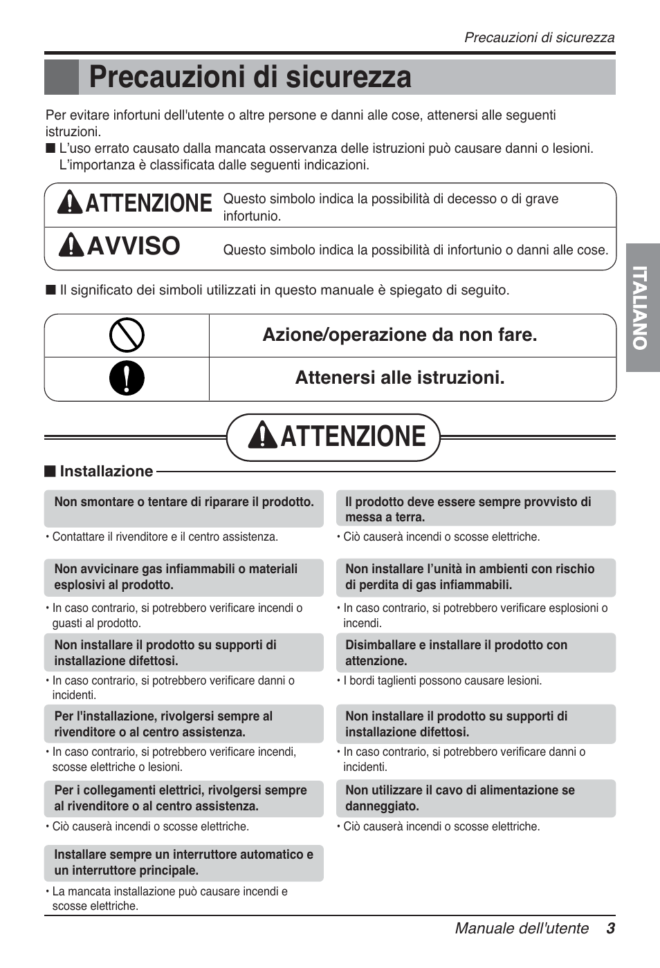 Precauzioni di sicurezza, Attenzione, Attenzione avviso | Italiano | LG FM15AH-UL3 User Manual | Page 31 / 147