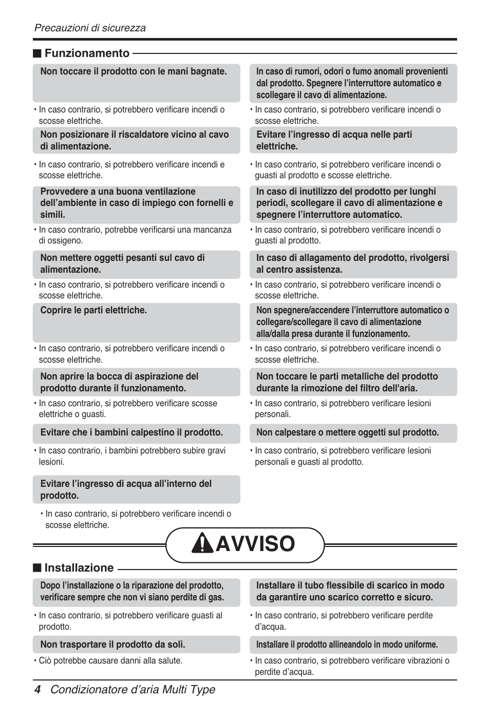 Avviso, 4 condizionatore dʼaria multi type n funzionamento, N installazione | LG FM15AH-UL3 User Manual | Page 32 / 147